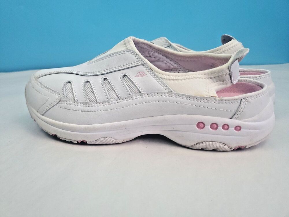 Easy Spirit Sz 7 White Leather Slip On Walking Shoes Sneaker Mules Pink Accents - Picture 3 of 12